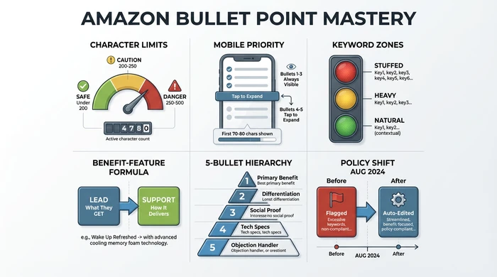 Comprehensive infographic showing six key elements of Amazon bullet point optimization