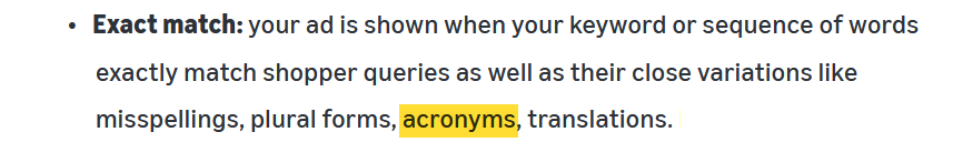 Amazon&rsquo;s definition of exact match, with acronyms highlighted