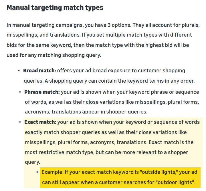 Amazon&rsquo;s definition of exact match, with the outside lights and outdoor lights example