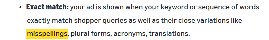 Amazon&rsquo;s definition of exact match, with misspellings highlighted