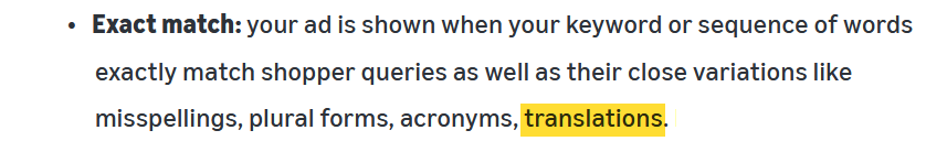 Amazon&rsquo;s definition of exact match, with translations highlighted