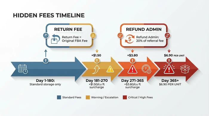Timeline infographic showing Amazon hidden fees including aged inventory surcharges escalating from $1.50 per cubic foot at 181 days to $6.90 per unit after 365 days, plus return processing and refund administration fees