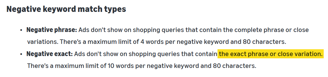 Amazon&rsquo;s definition of negative exact, which includes close variations