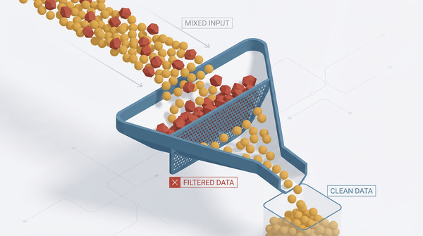 Illustration of a funnel filtering out red debris while letting gold spheres pass through, symbolizing negative keywords blocking irrelevant traffic.