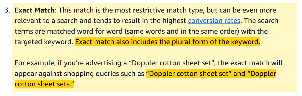 Amazon&rsquo;s plural example in the Sponsored Products targeting guide