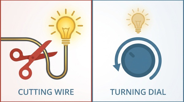 A comparison showing scissors cutting a connection versus a dial being turned down, illustrating the difference between negating a keyword and lowering a bid.