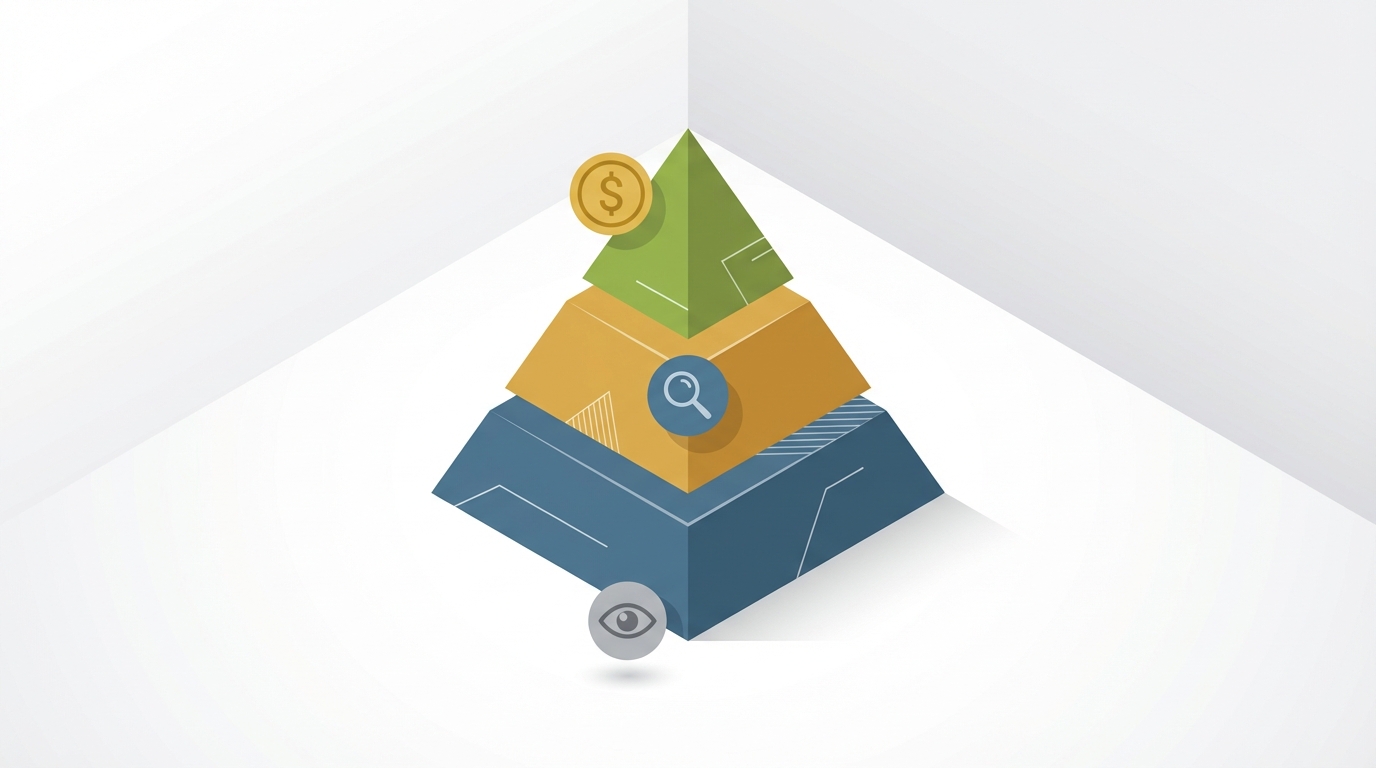 Three-tier pyramid diagram showing Amazon PPC metrics hierarchy with decision metrics at top in green, diagnostic metrics in middle in yellow, and vanity metrics at bottom in gray