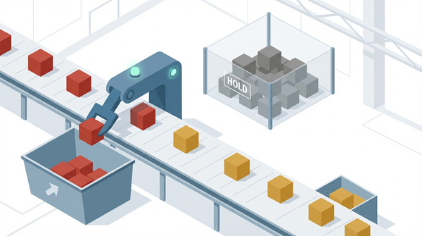 An isometric conveyor belt sorting red waste blocks from gold profit blocks, symbolizing the decision process for negative keywords.