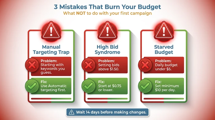Warning infographic highlighting three common Amazon PPC beginner mistakes: the manual targeting trap of guessing keywords instead of using automatic targeting, high bid syndrome of setting bids above $1.50 instead of starting at $0.75, and budget starvation from setting daily budgets under $5 instead of the recommended $10 minimum.