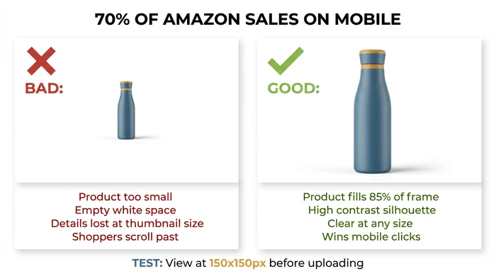 Mobile thumbnail optimization comparison showing how product image that looks perfect at full 2000x2000 pixel desktop view becomes unrecognizable blur at 150x150 pixel mobile search thumbnail size where 70% of Amazon sales occur, contrasted with optimized version where product fills 85% of frame maintaining clear recognizable silhouette even at tiny thumbnail size, emphasizing importance of testing main image at 150x150 pixels before uploading