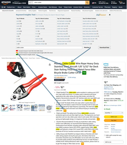 AdRazor amazon keyword insights tool - product page