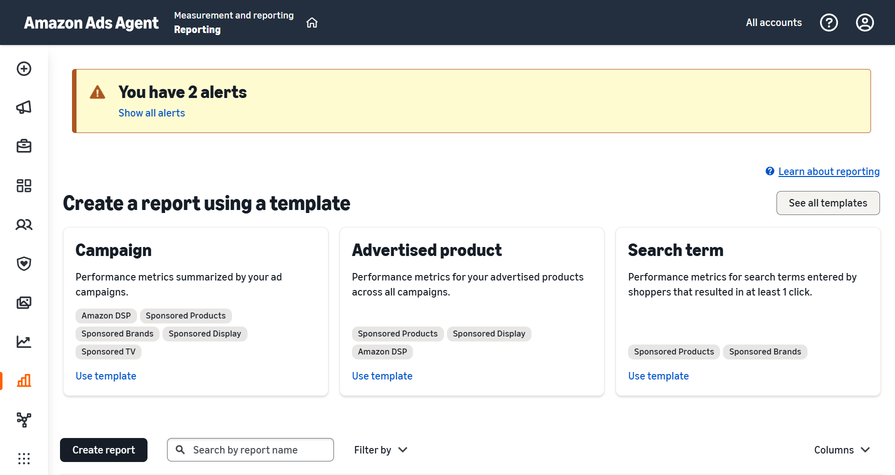 The Amazon Ads reporting page