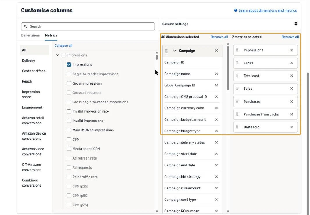 The Amazon Ads Create report page after the bookmarklet ran, with the Column settings box highlighted