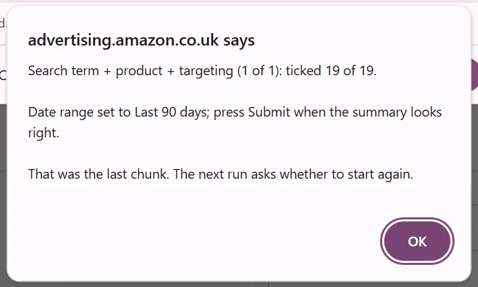 The alert box that reads Search term plus product plus targeting: ticked 19 of 19